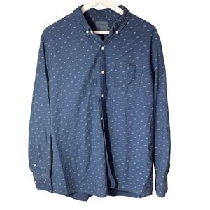 L.L. Bean Mens Button Down Fly Fishing‎ Print Shirt Blue White SZ L REG